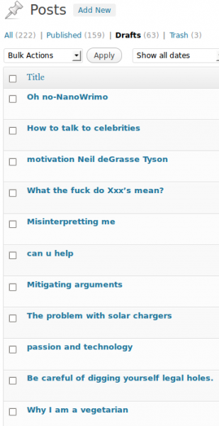 Many many part-finished draft posts (with working titles)