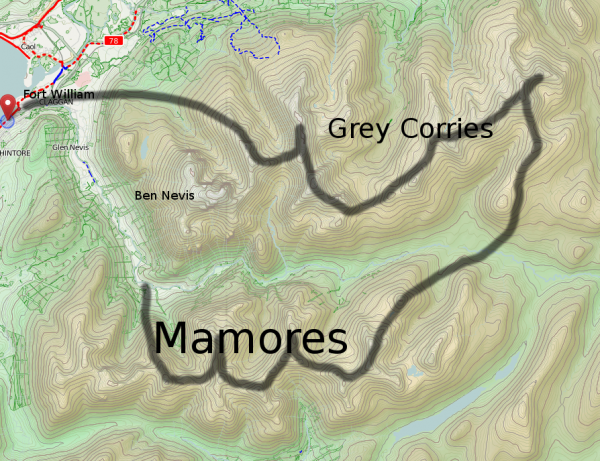 My vague, expected route over the Mamores and Grey Corries back to Fort William tiles by Open Streetmap/Open Cycle Map/Andy Allan