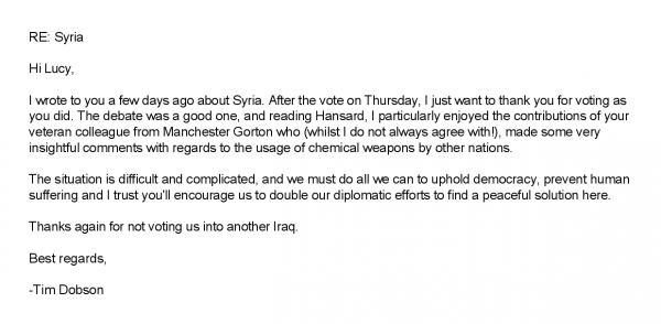 Thank you letter about Syria vote to Lucy Powell